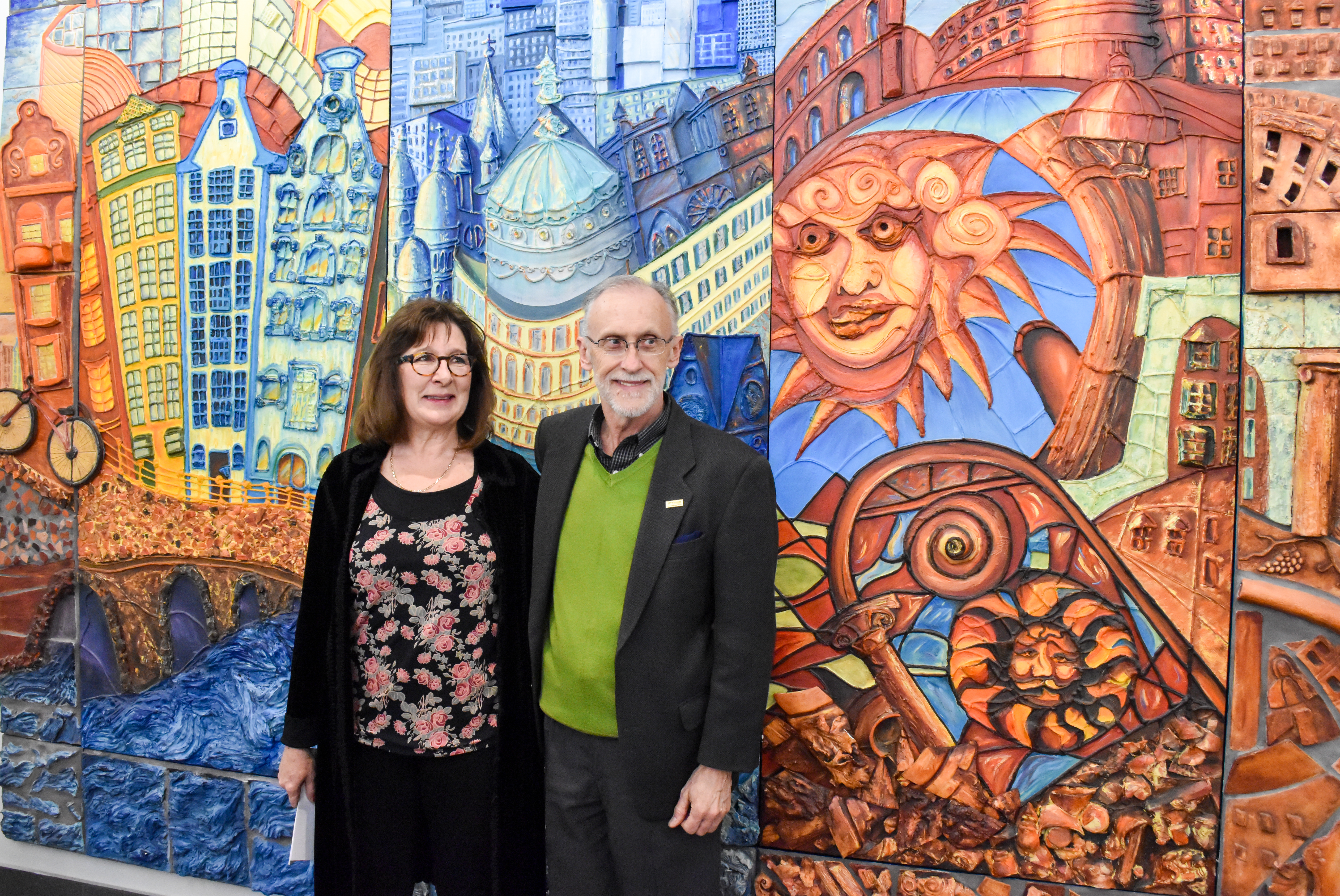 Helen Phillippi and David Keast following the unveiling of her artwork at Great Plains College